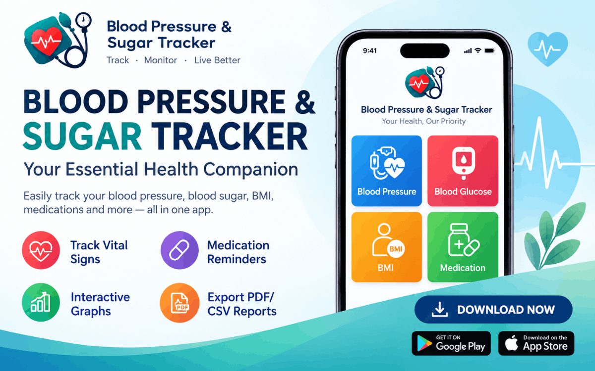 Blood Pressure & Sugar Tracker App: Monitor Blood Pressure, Blood Sugar and Medications
